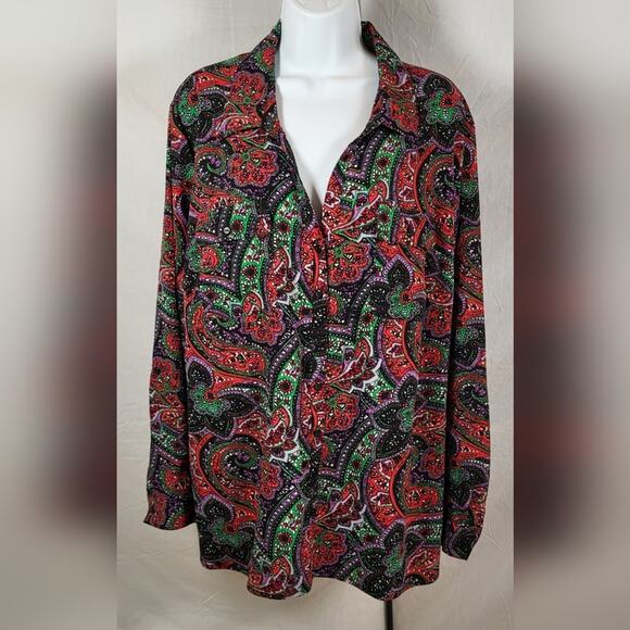 KIM ROGERS Red and Green Paisley Print Button-up Blouse - Size 3X or 24W - Picture 1 of 4
